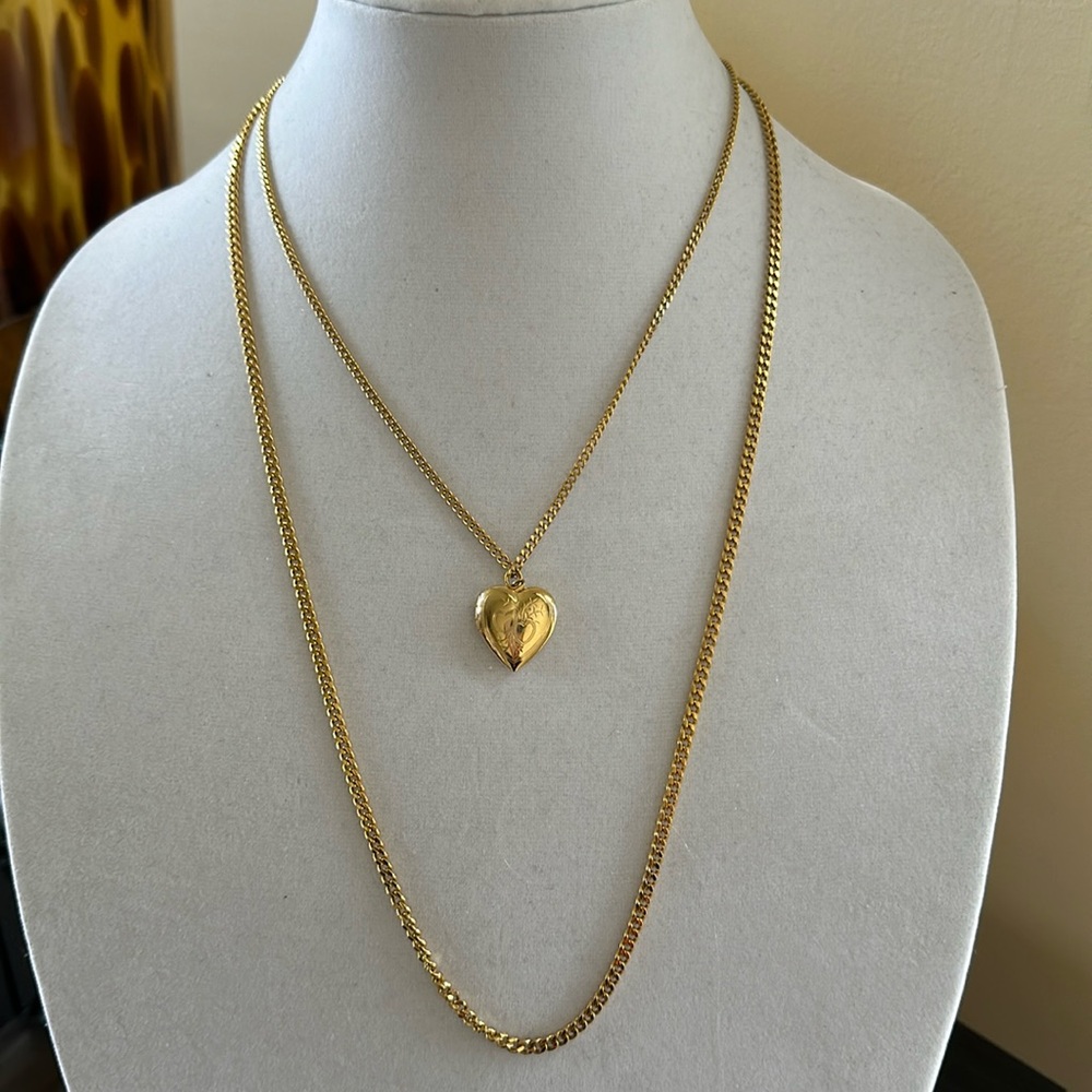 Double Chain Necklace with Gold Heart Locket